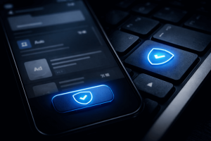 Dark, high-contrast landscape image of a smartphone or keyboard with a highlighted blue control element symbolizing ad blocking and privacy settings on Facebook.