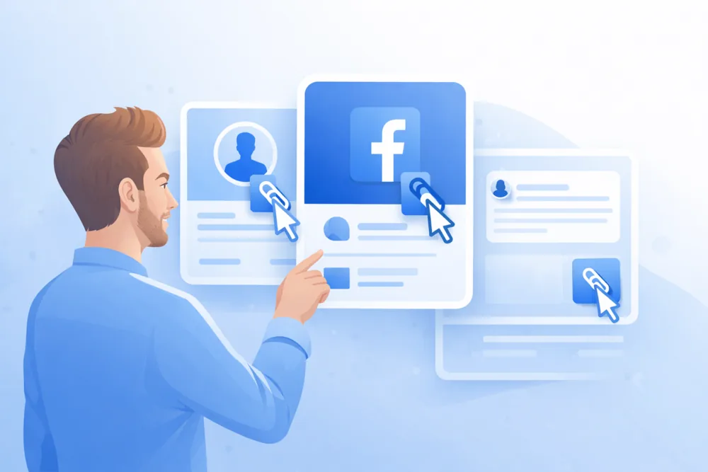 Illustration of a person navigating Facebook profiles, pages, and posts, with visual cues suggesting copying a link using Facebook’s blue color palette.