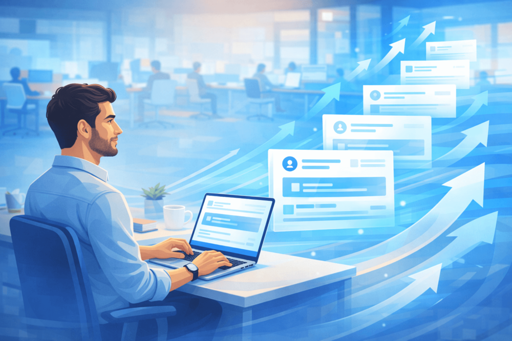 Corporate illustration showing content gaining momentum and visibility over time, representing how LinkedIn impressions grow through consistency and early engagement