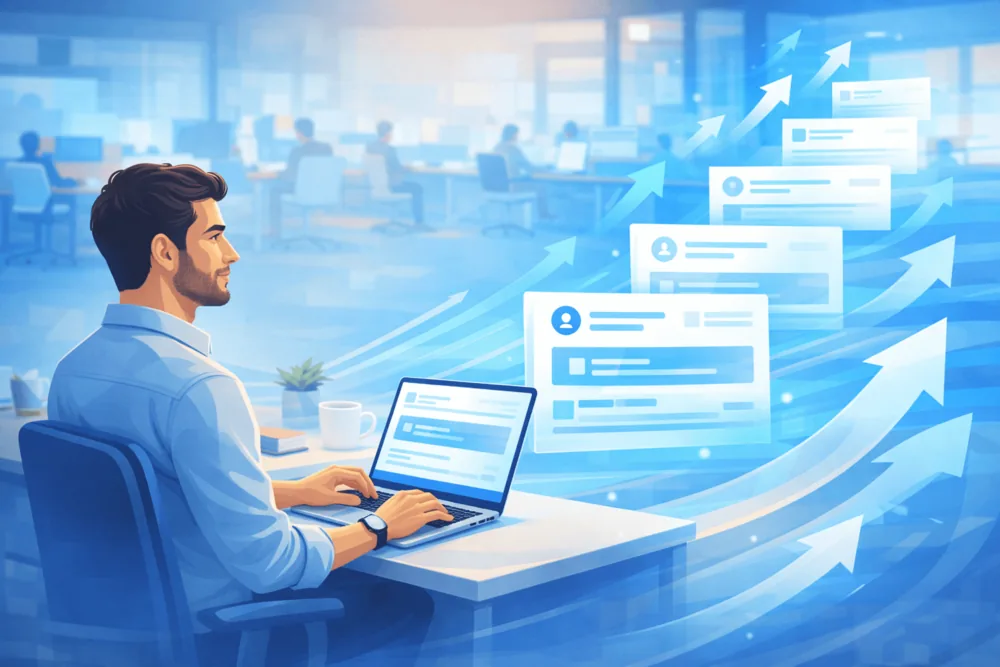 Corporate illustration showing content gaining momentum and visibility over time, representing how LinkedIn impressions grow through consistency and early engagement