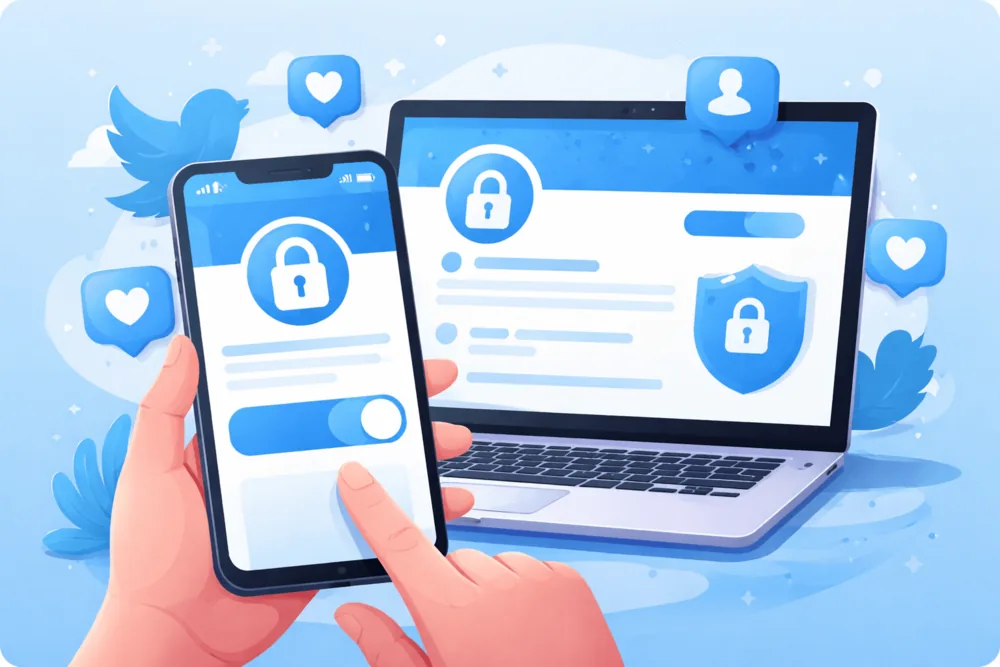Illustration showing a private Twitter account with lock icons on a smartphone and laptop, representing how to make your Twitter account private using privacy settings.