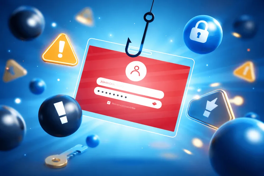 3D illustration of a floating social media login panel surrounded by security warning symbols and phishing hook elements representing account recovery and hacking risks.