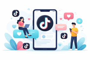 Illustration showing TikTok content creation with captions, engagement icons, and creators interacting around a smartphone, representing how to write a good TikTok caption for more views.