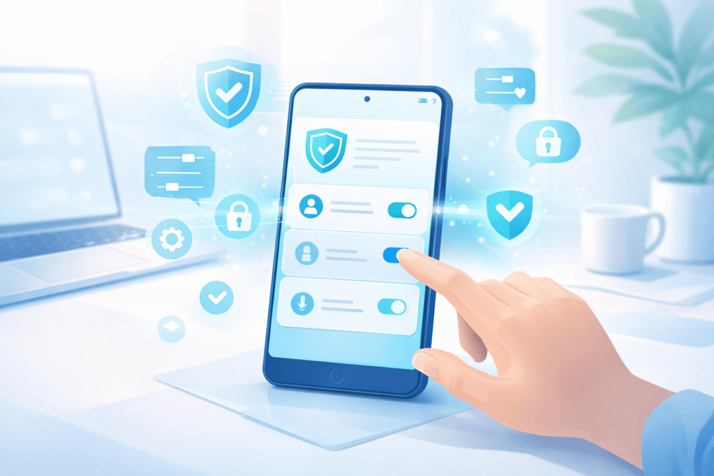 Illustration showing a user adjusting privacy and security settings on Telegram, with icons representing control, protection, and safe engagement