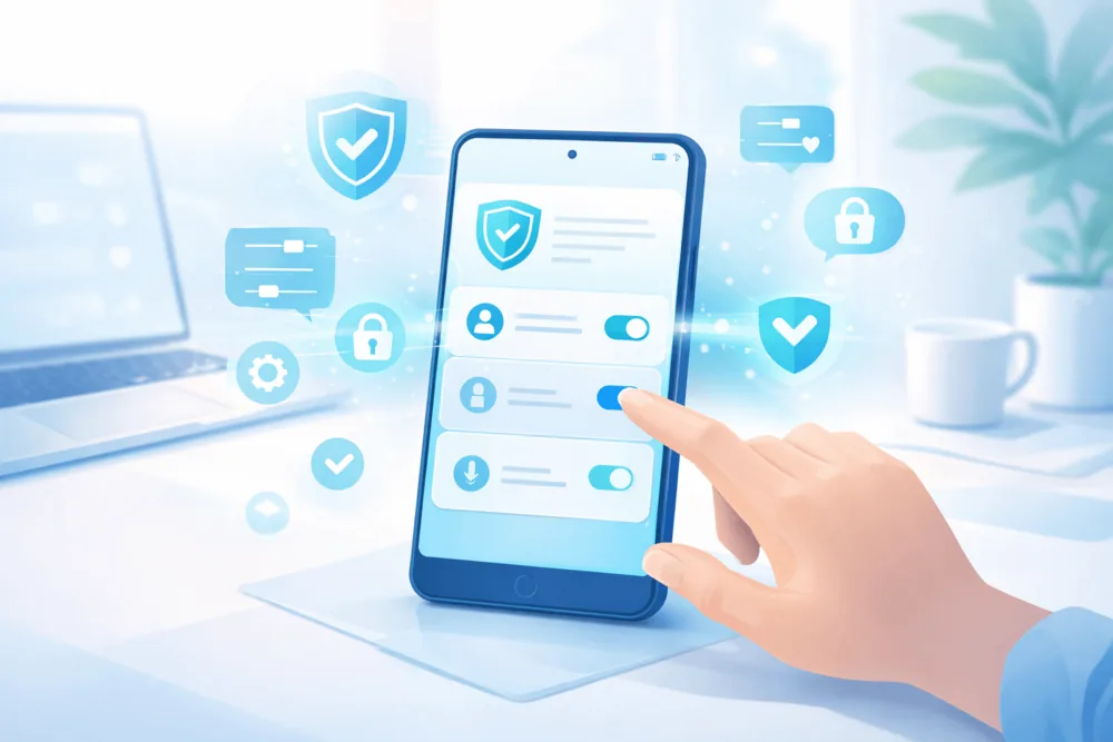 Illustration showing a user adjusting privacy and security settings on Telegram, with icons representing control, protection, and safe engagement