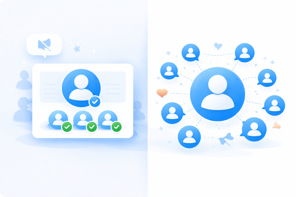 Illustration comparing a private Twitter account with approved followers and a public Twitter account with open visibility and wider reach