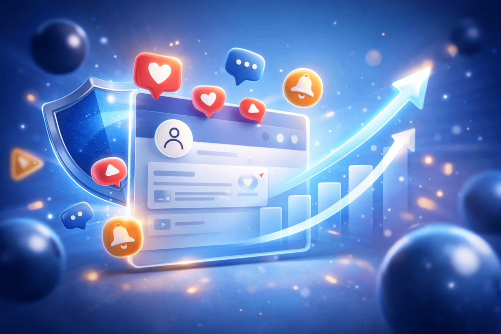 3D illustration of a secure social media profile panel with upward growth arrow and floating engagement icons representing rebuilding visibility after account recovery.