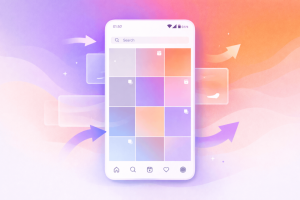 Illustrated smartphone showing a refreshed Instagram Explore-style grid in brand colors, representing a reset and improved content feed.