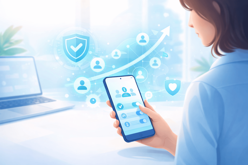 Illustration showing safe and steady growth on Telegram, with user control, community engagement, and subtle security elements