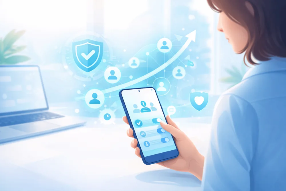 Illustration showing safe and steady growth on Telegram, with user control, community engagement, and subtle security elements