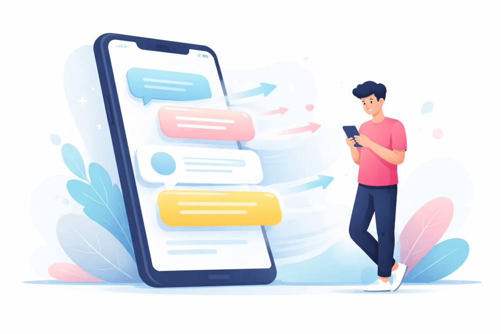 Illustration showing short, lightweight TikTok captions flowing on a smartphone screen, representing clear, scroll-friendly TikTok captions that support watch time and engagement.