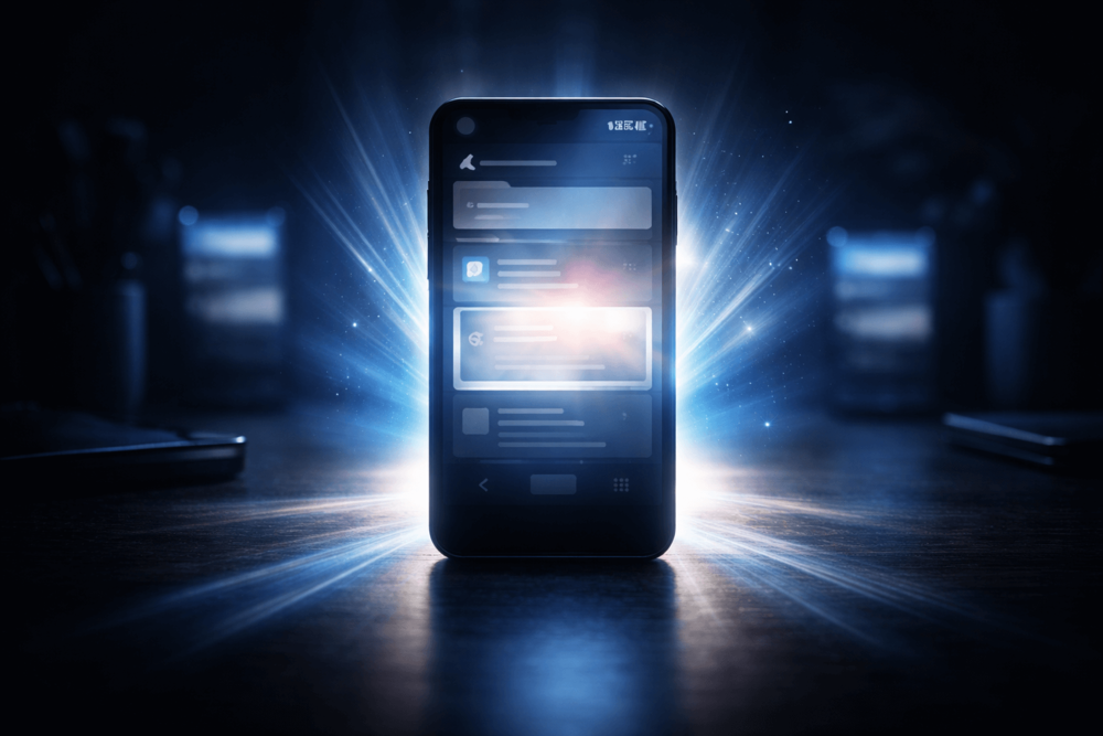 Landscape image of a glowing smartphone with highlighted social media content symbolizing increased Facebook engagement and organic visibility.