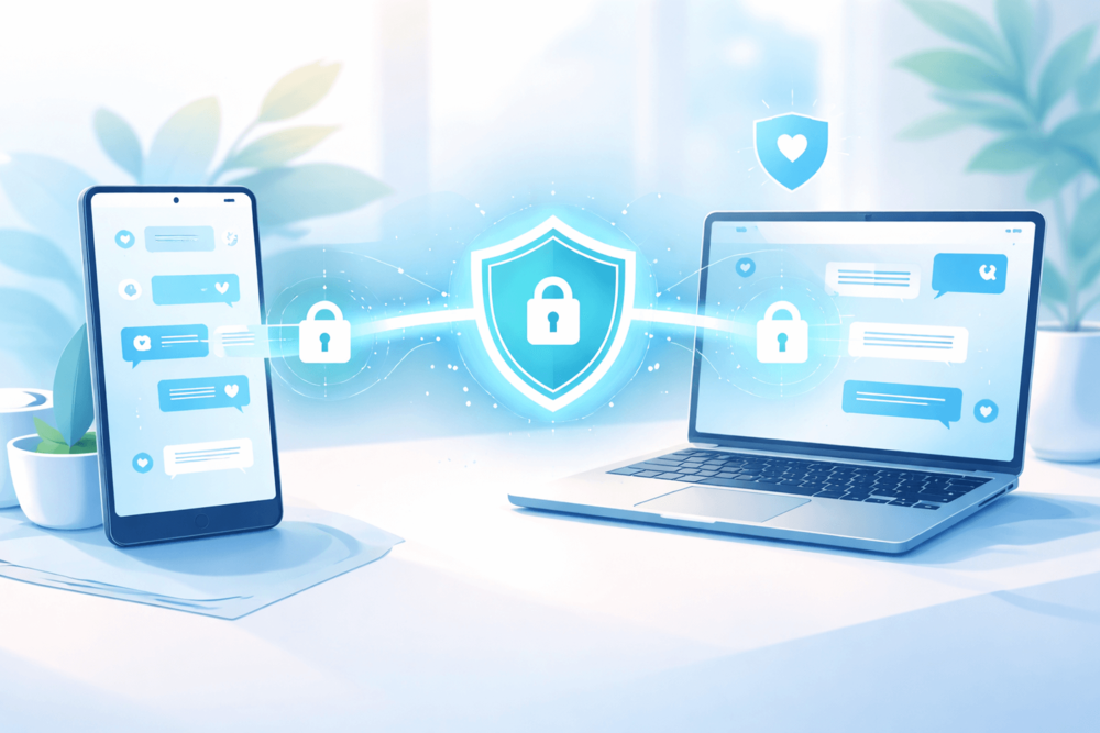 Illustration showing end-to-end encrypted messaging on Telegram, with secure connections between two devices using lock and privacy symbols