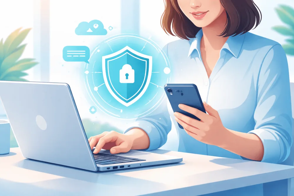Illustration showing secure messaging and privacy concepts in Telegram’s brand colors, with a device and a shield icon representing digital safety.