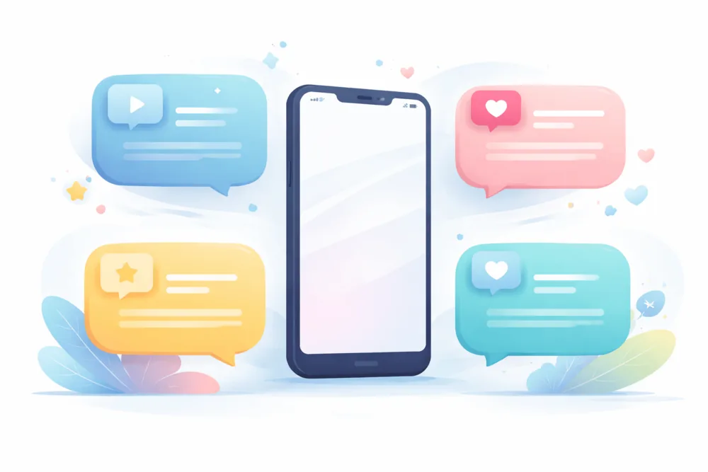 Illustration showing different TikTok caption styles grouped around a smartphone, representing TikTok caption examples for views, comments, followers, and storytelling.