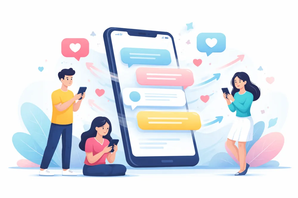 Illustration showing people interacting with TikTok content through comments and likes around a smartphone, representing TikTok captions that drive engagement and conversation.