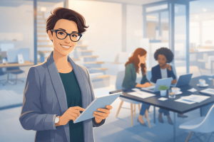 Corporate illustration of a professional reviewing content performance on a tablet in a modern office, representing LinkedIn impressions and post visibility.