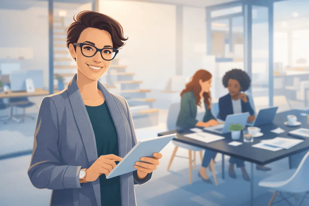 Corporate illustration of a professional reviewing content performance on a tablet in a modern office, representing LinkedIn impressions and post visibility.