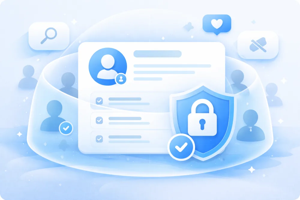 Illustration showing a private Twitter account with a protected profile, approved followers inside a privacy shield, and limited visibility for non-followers
