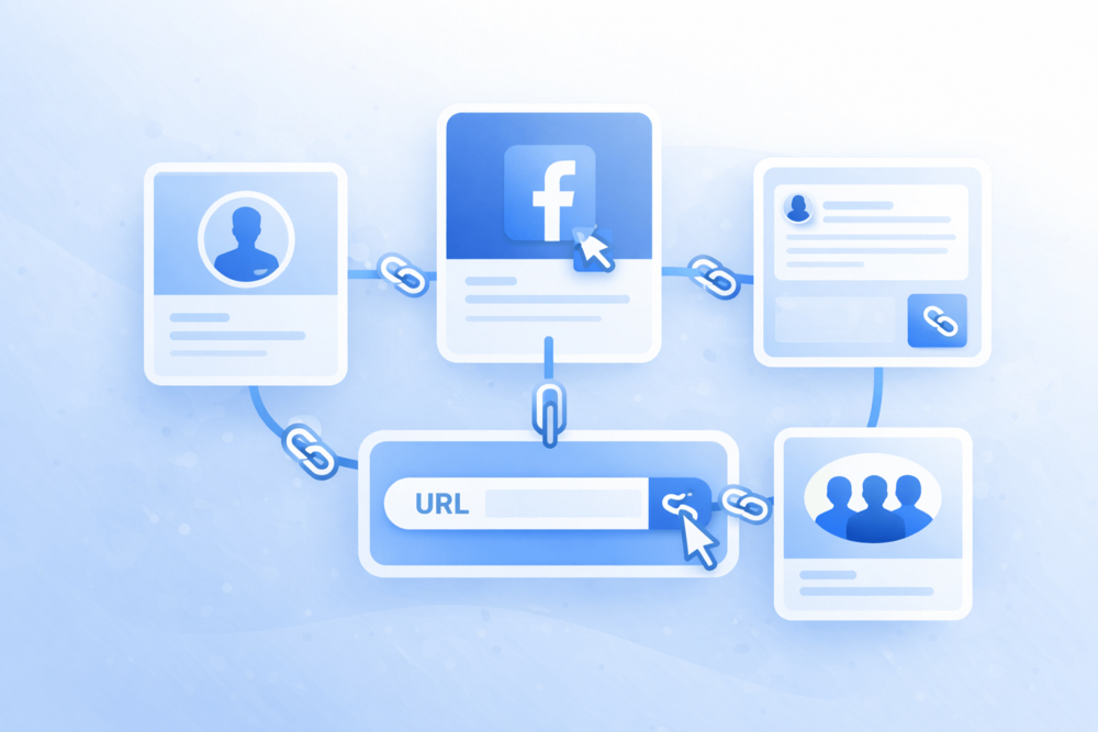 Illustration showing different types of Facebook links, including profiles, pages, posts, and groups, visually connected to represent how Facebook URLs work.