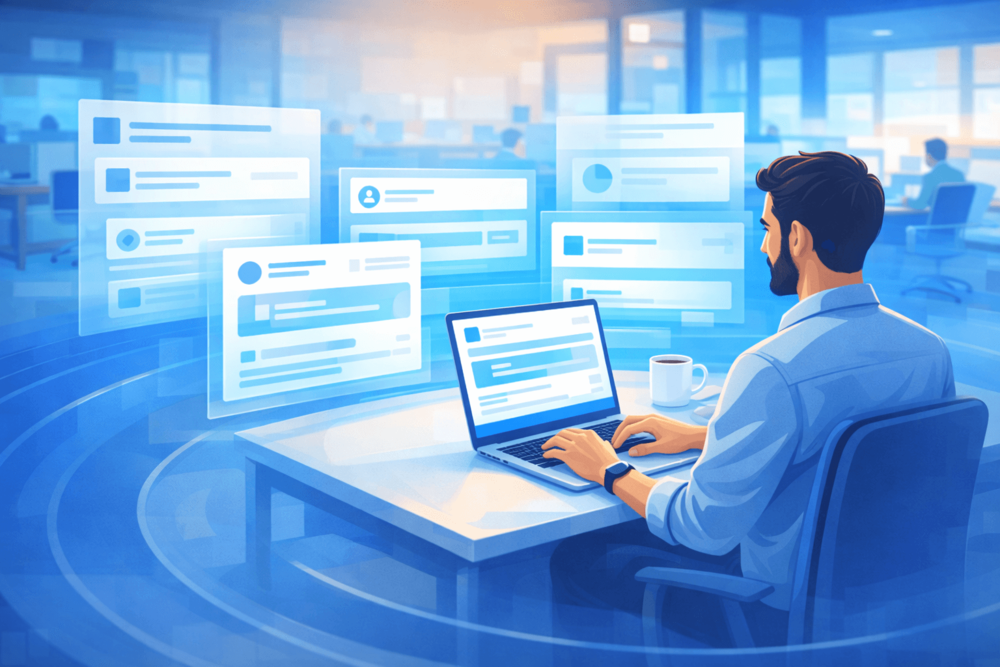 Corporate illustration of a professional reviewing multiple analytics views, representing where LinkedIn impressions appear across posts, profiles, and company pages