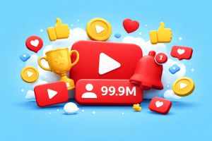 Illustration showing YouTube play button, subscriber icons, likes, and achievement symbols representing the most subscribed YouTube channels and long-term audience growth.