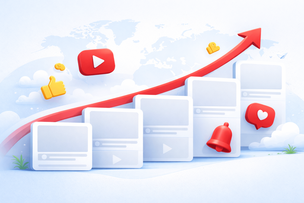 Illustration showing YouTube video cards, growth arrows, and engagement icons representing repeatable content, global reach, and long-term subscriber growth on YouTube.