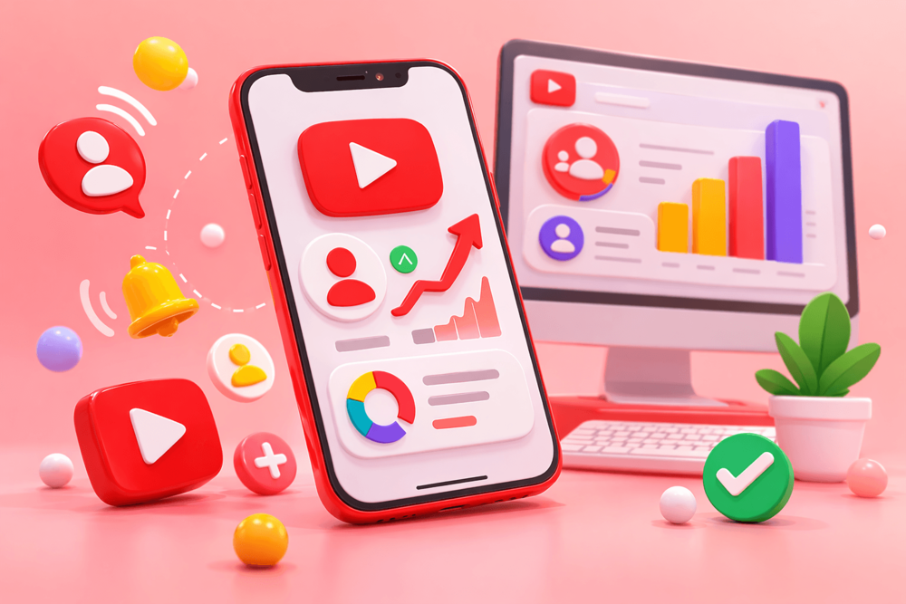 Cartoon-style landscape illustration of a smartphone showing YouTube-inspired analytics with floating profile icons and growth symbols, representing checking subscribers on mobile.