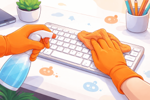 Cartoon-style illustration of orange-gloved hands cleaning a computer keyboard on a white desk, symbolizing clearing Reddit history and protecting privacy.