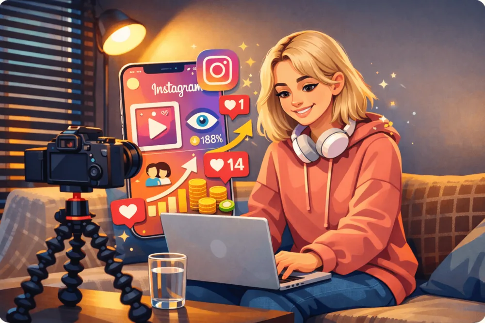 Cartoon-style illustration of a content creator in a cozy room reviewing Instagram views and monetization performance on a laptop with a camera setup nearby.
