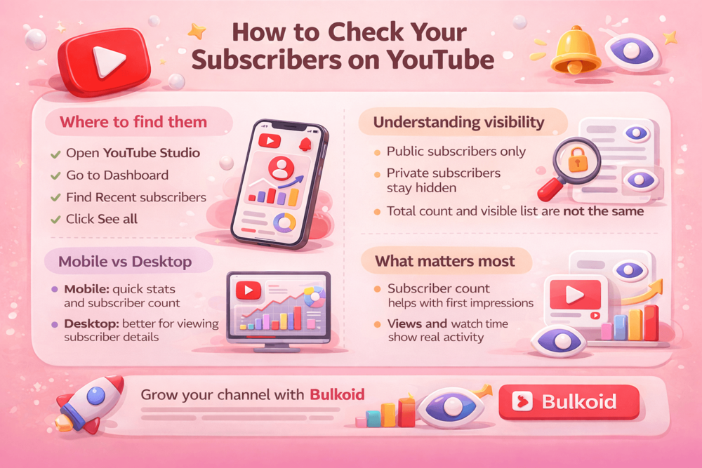 How to Check Your Subscribers on YouTube - Bulkoid Infographic