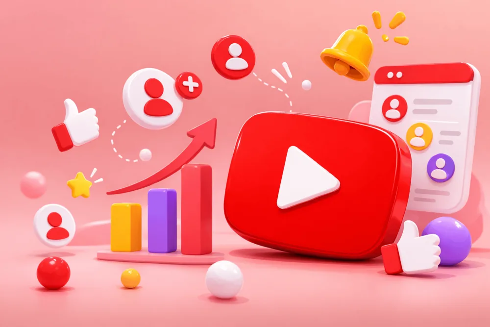 Cartoon-style landscape illustration of a red YouTube-inspired play button surrounded by floating profile icons, likes, and glossy shapes representing subscribers and channel growth.