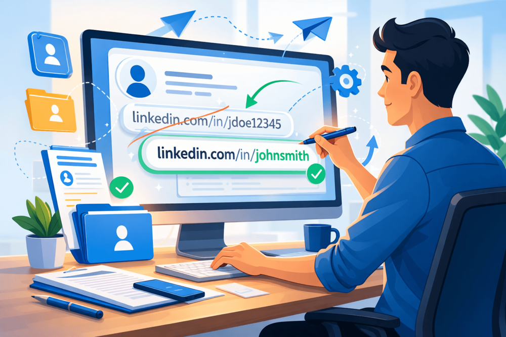 Cartoon-style illustration of a professional editing a clean profile link on a desktop screen, representing LinkedIn URL customization and profile optimization.