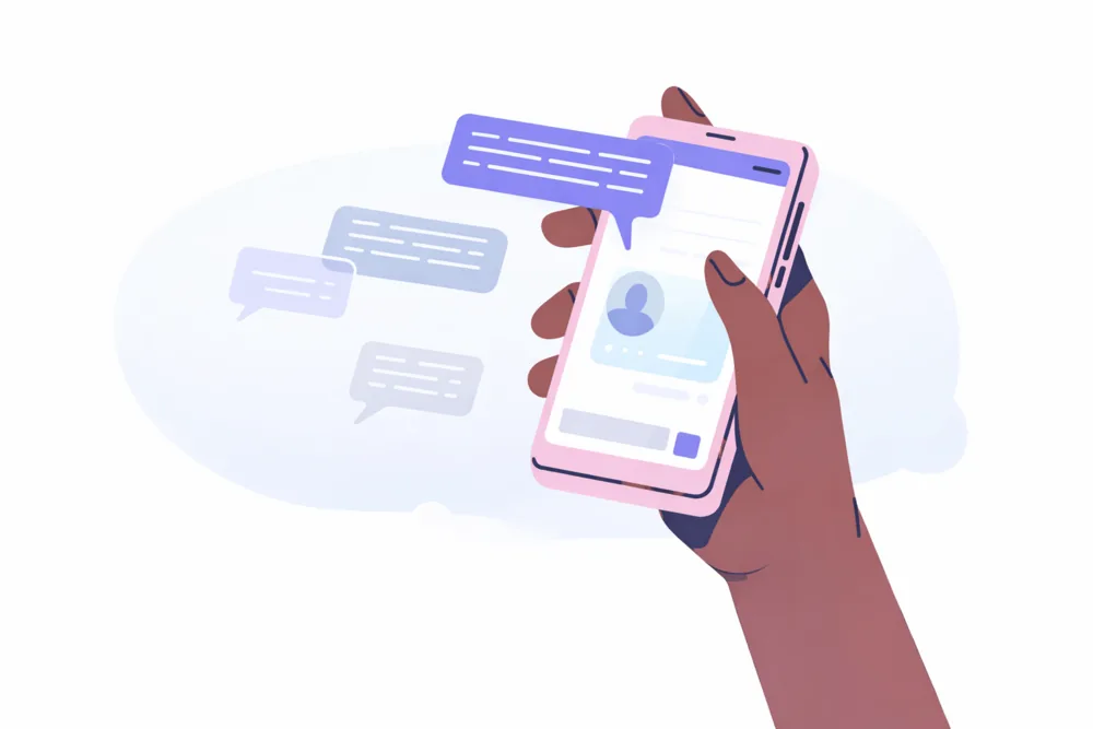 Cartoon-style landscape illustration of a hand holding a smartphone with a private messaging screen and floating chat bubbles, representing Twitter direct messages and message settings.