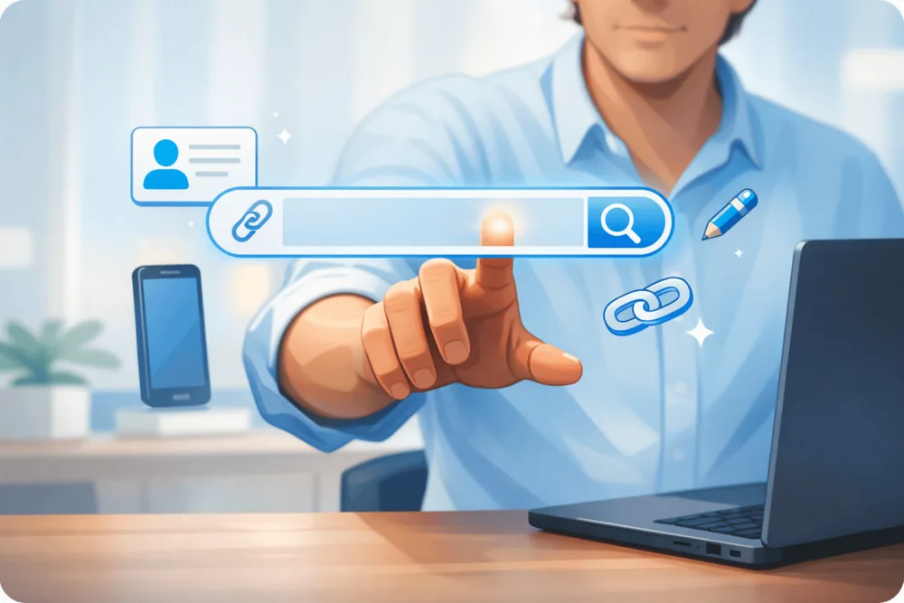 Cartoon-style illustration of a professional tapping a floating profile link bar above a desk, representing finding and customizing a LinkedIn URL on desktop and mobile.