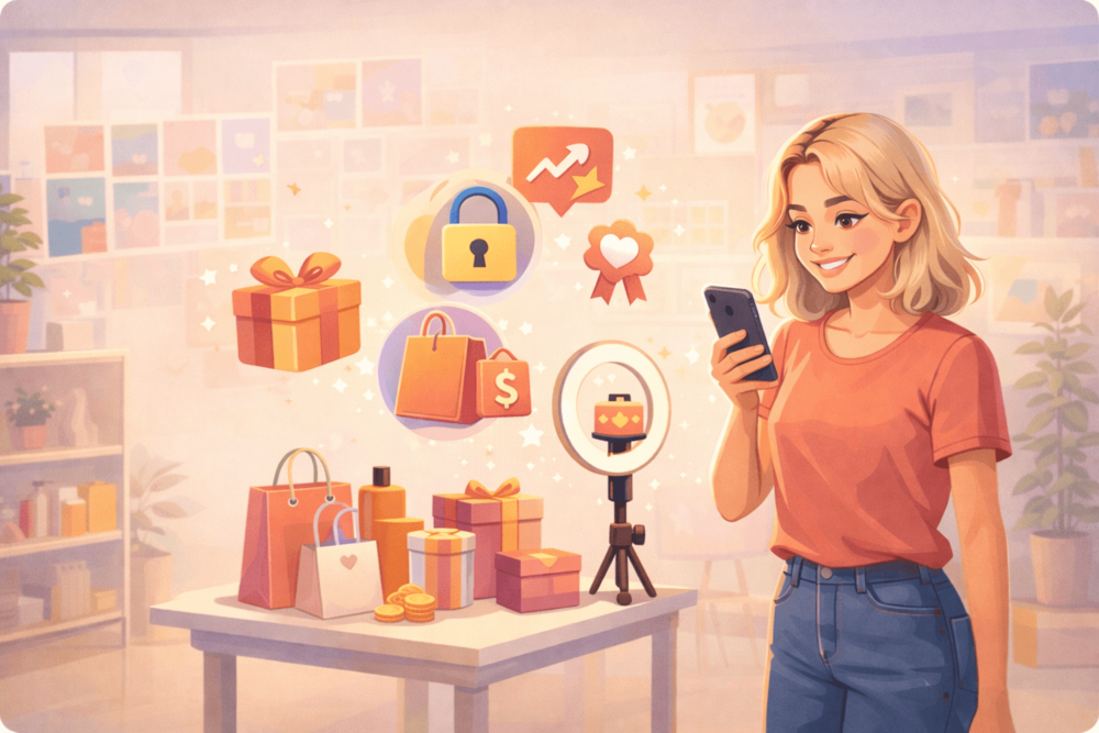 Cartoon-style illustration of an Instagram creator in a minimal studio with simple symbols representing brand deals, product sales, subscriptions, and audience growth.