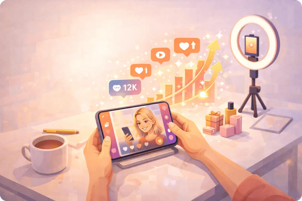 Cartoon-style illustration of a styled workspace with a phone, ring light, and content planning setup representing early Instagram Reel traction and visibility.