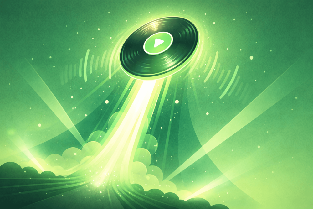 Cartoon-style illustration of a glowing music disc launching upward with light trails and sound waves symbolizing strong Spotify release momentum
