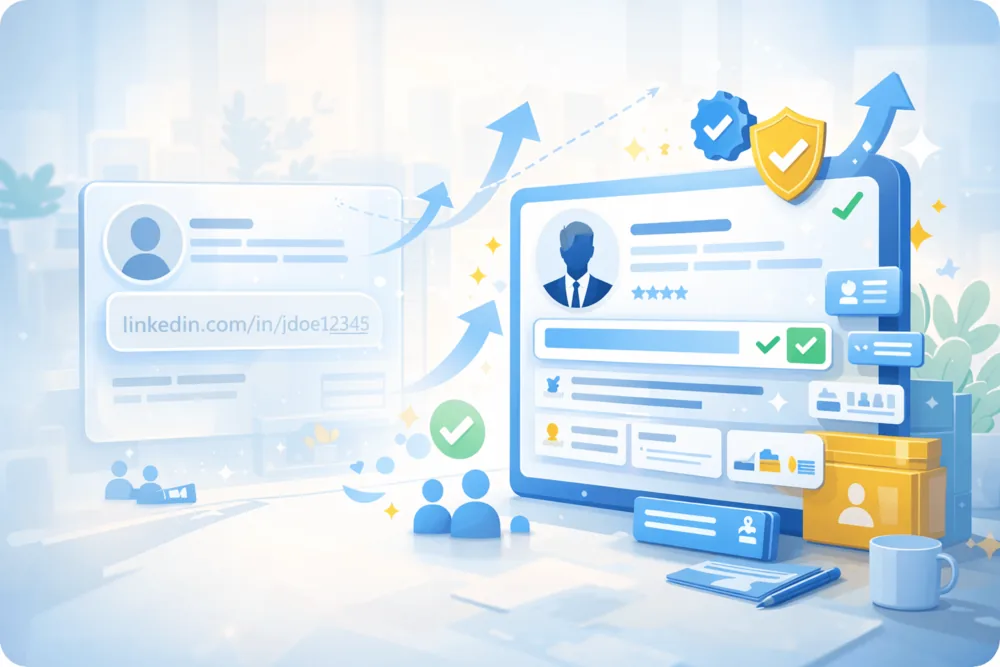 Cartoon-style illustration of a polished professional profile card with growth and credibility symbols, representing a more established LinkedIn presence.