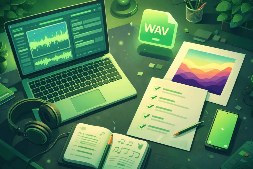 Top-down cartoon-style illustration of a desk with laptop, audio waveform editor, album cover design, WAV file icon, and checklist preparing a song for Spotify upload