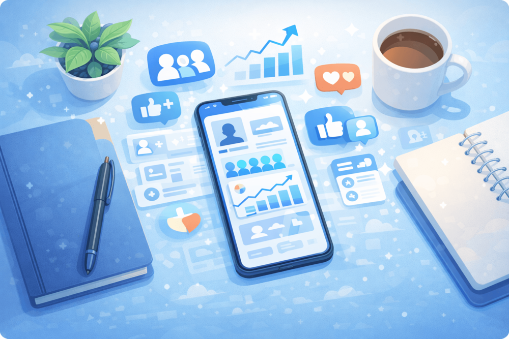 Cartoon-style overhead illustration of a desk with a smartphone, notebook, coffee cup, and social media growth elements representing a stronger Facebook profile.