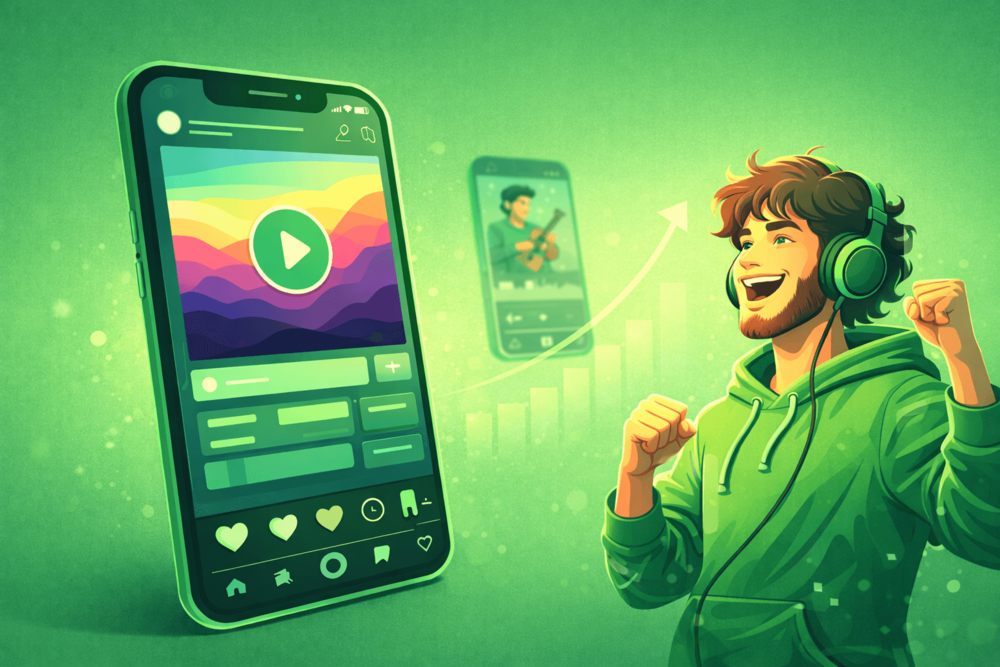 Minimal cartoon-style illustration of smartphones displaying a music post with play button and engagement icons representing Spotify song promotion