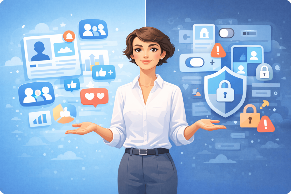 Cartoon-style illustration of a professional person between audience growth tools and privacy or settings controls, showing the benefits and limitations of Facebook Professional Mode.