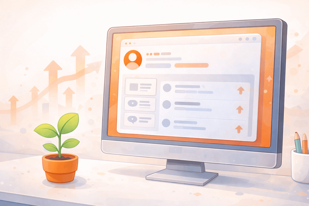 Cartoon-style illustration of a clean Reddit-like profile on a computer screen with subtle upward growth elements, symbolizing a fresh start and steady account growth.
