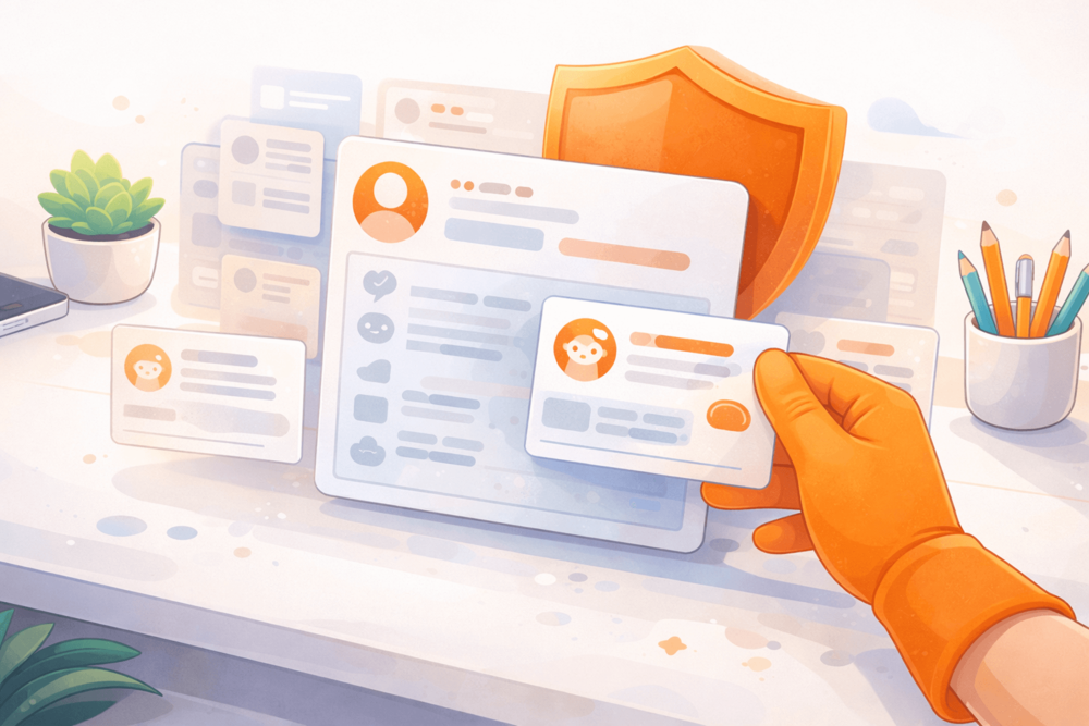 Cartoon-style illustration of a Reddit-like profile screen with an orange shield behind it, symbolizing privacy protection and managing online reputation.