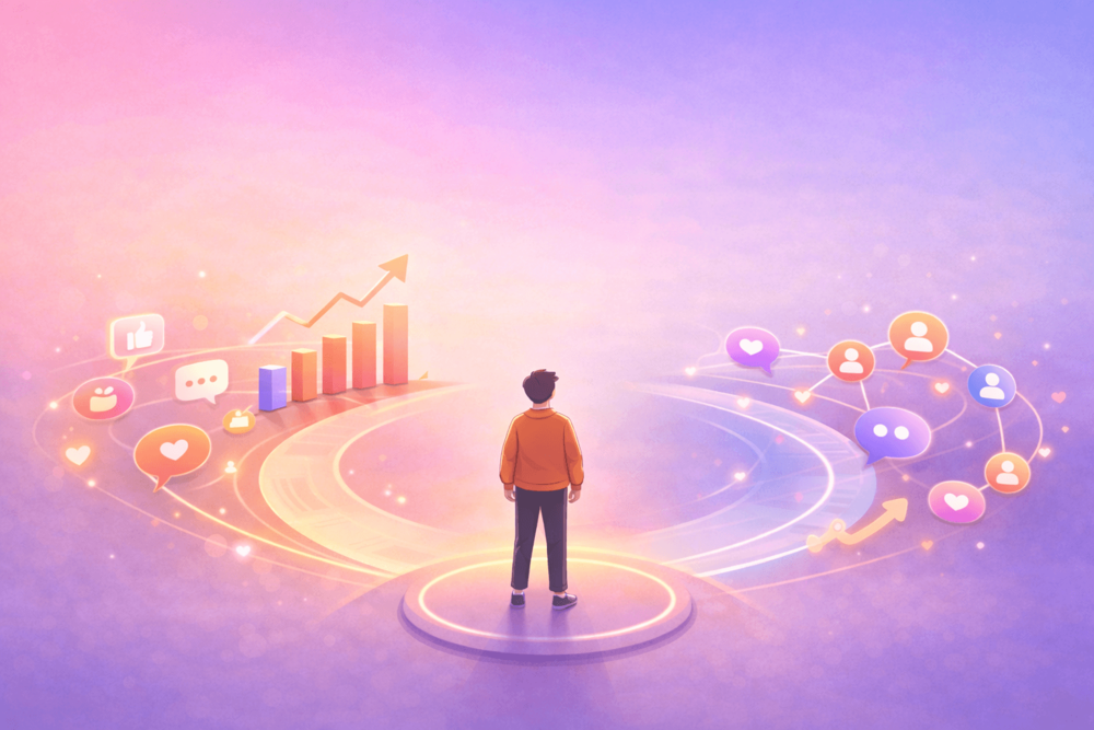Cartoon-style landscape illustration of a person standing on a glowing platform surrounded by analytics icons on one side and community connection icons on the other. 