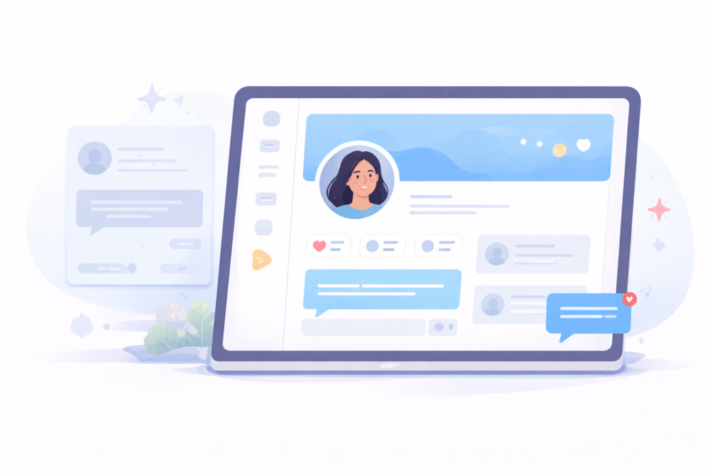 Cartoon-style landscape illustration of a polished social media profile with engagement elements and a visible direct message bubble, representing stronger Twitter presence and better chances of getting replies.