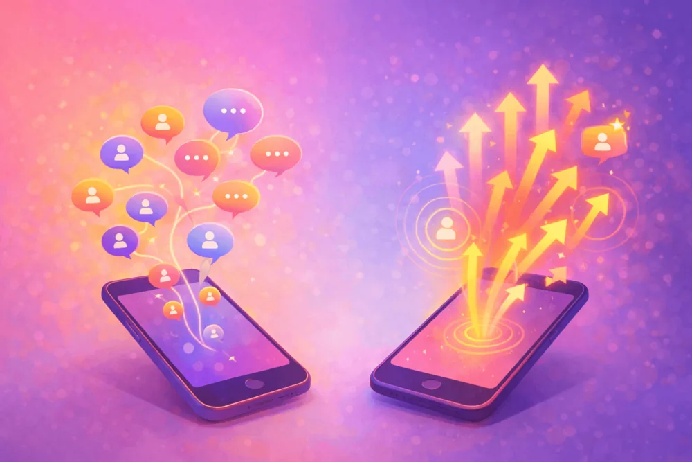 Cartoon-style landscape illustration showing two smartphones with different growth patterns, one steady and community-driven and the other fast and amplified, representing social media algorithm differences.