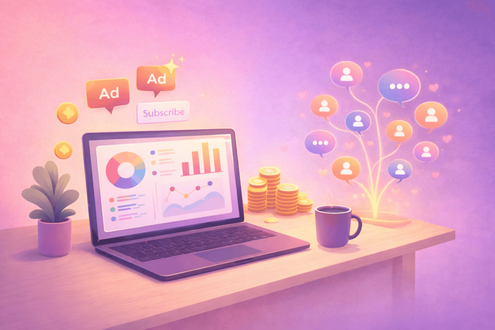 Cartoon-style landscape illustration of a modern creator workspace with analytics charts, subscription icons, and engagement elements representing social media monetization and business potential.