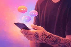Cartoon-style illustration of a person holding a smartphone with colorful chat bubbles floating above, representing social media conversations on Threads and Twitter.